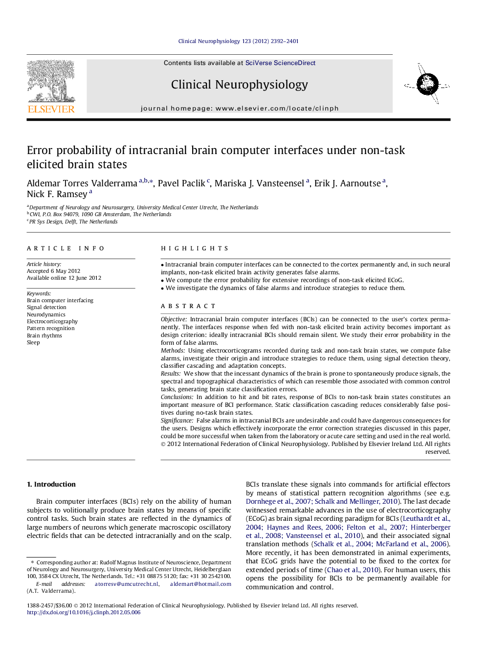 Error probability of intracranial brain computer interfaces under non-task elicited brain states