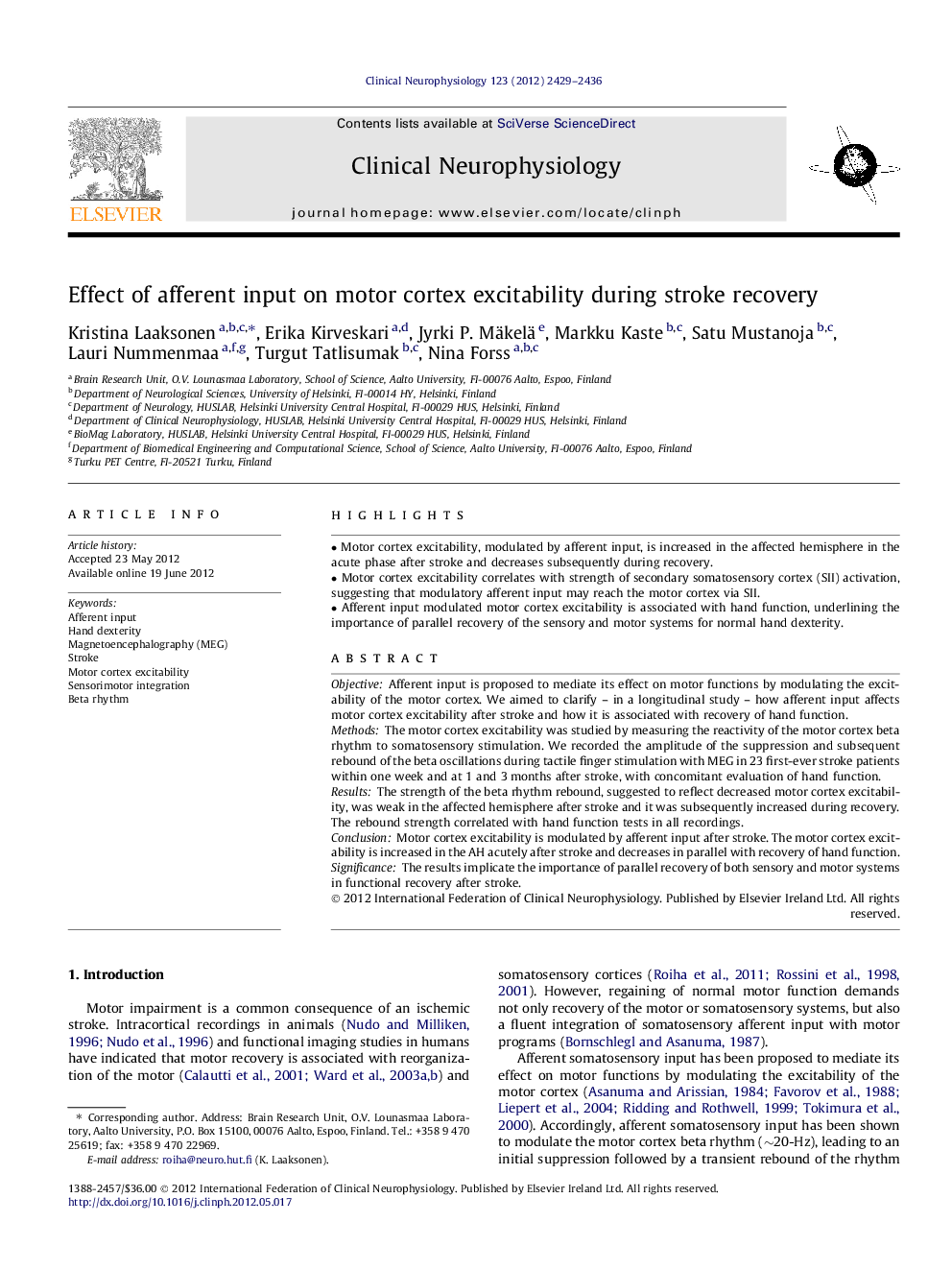 Effect of afferent input on motor cortex excitability during stroke recovery