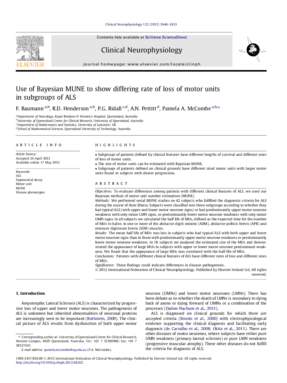 Use of Bayesian MUNE to show differing rate of loss of motor units in subgroups of ALS