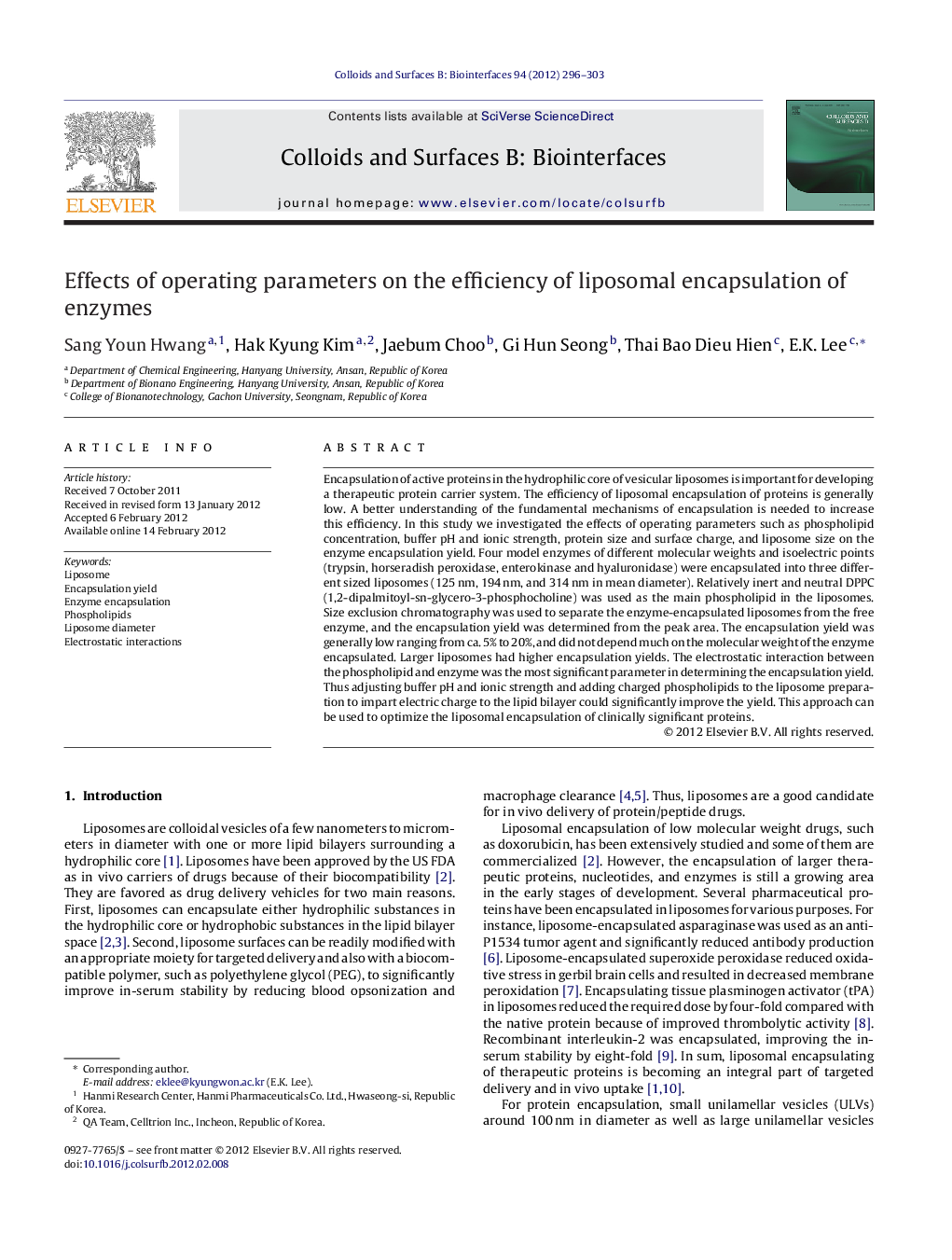 Effects of operating parameters on the efficiency of liposomal encapsulation of enzymes