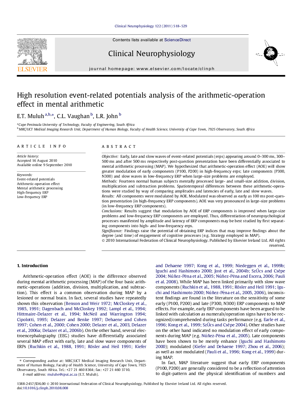 High resolution event-related potentials analysis of the arithmetic-operation effect in mental arithmetic