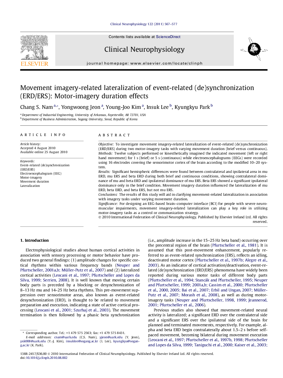 Movement imagery-related lateralization of event-related (de)synchronization (ERD/ERS): Motor-imagery duration effects