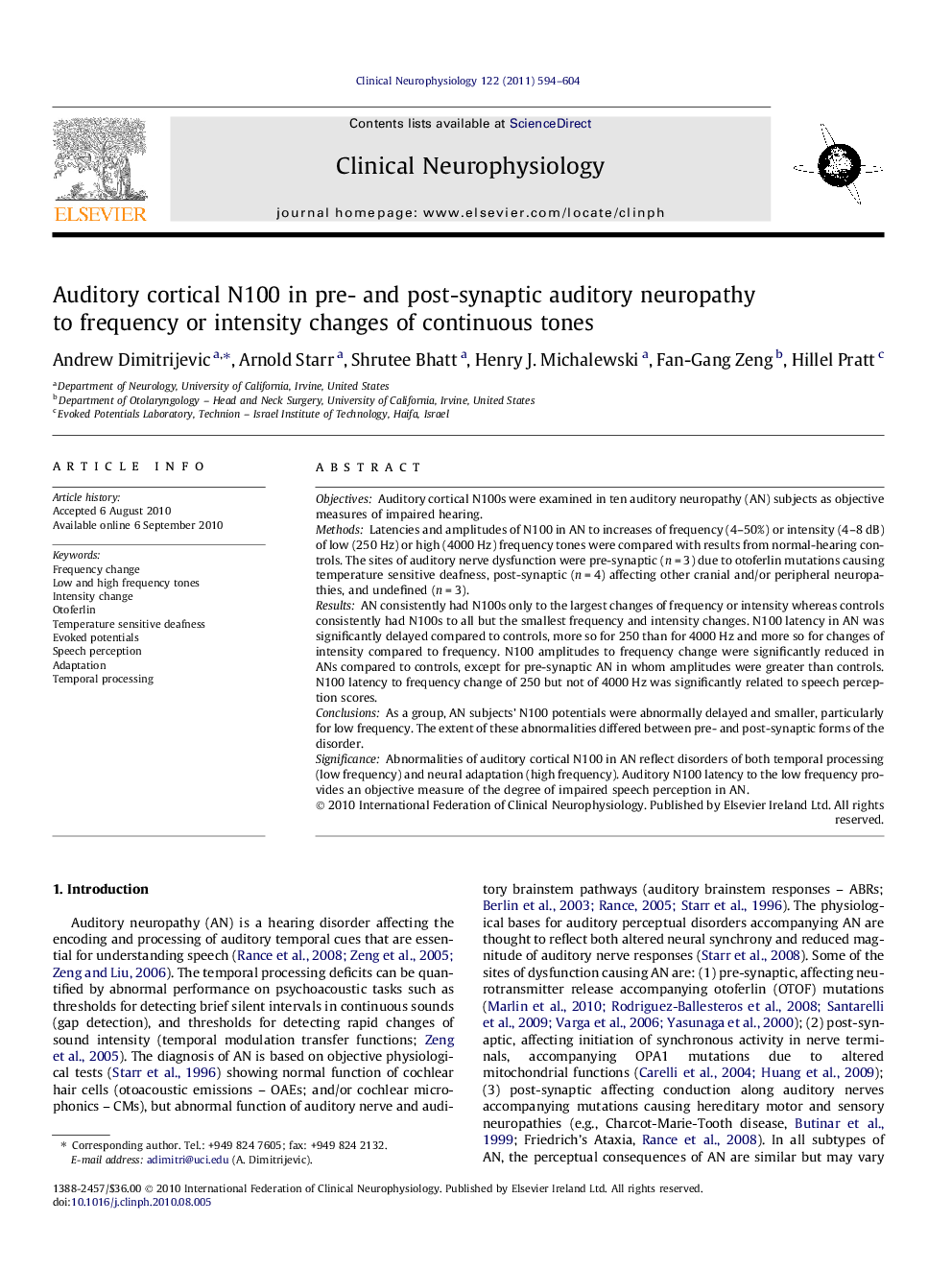 Auditory cortical N100 in pre- and post-synaptic auditory neuropathy to frequency or intensity changes of continuous tones