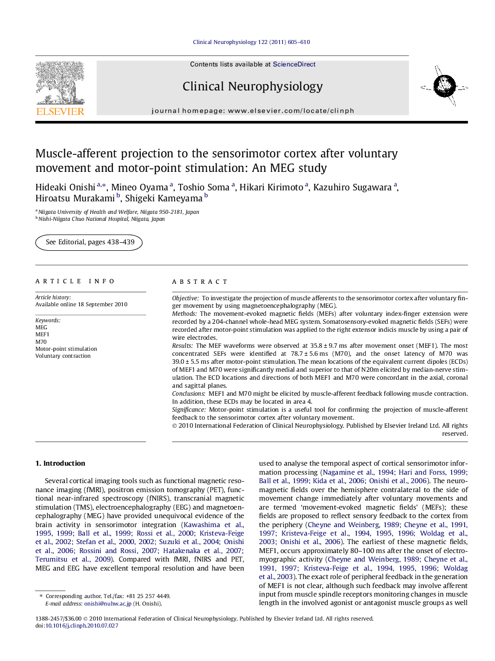 Muscle-afferent projection to the sensorimotor cortex after voluntary movement and motor-point stimulation: An MEG study