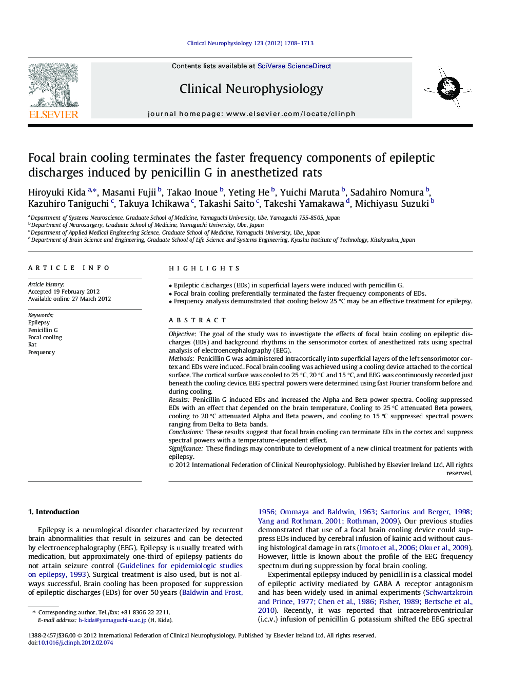 Focal brain cooling terminates the faster frequency components of epileptic discharges induced by penicillin G in anesthetized rats