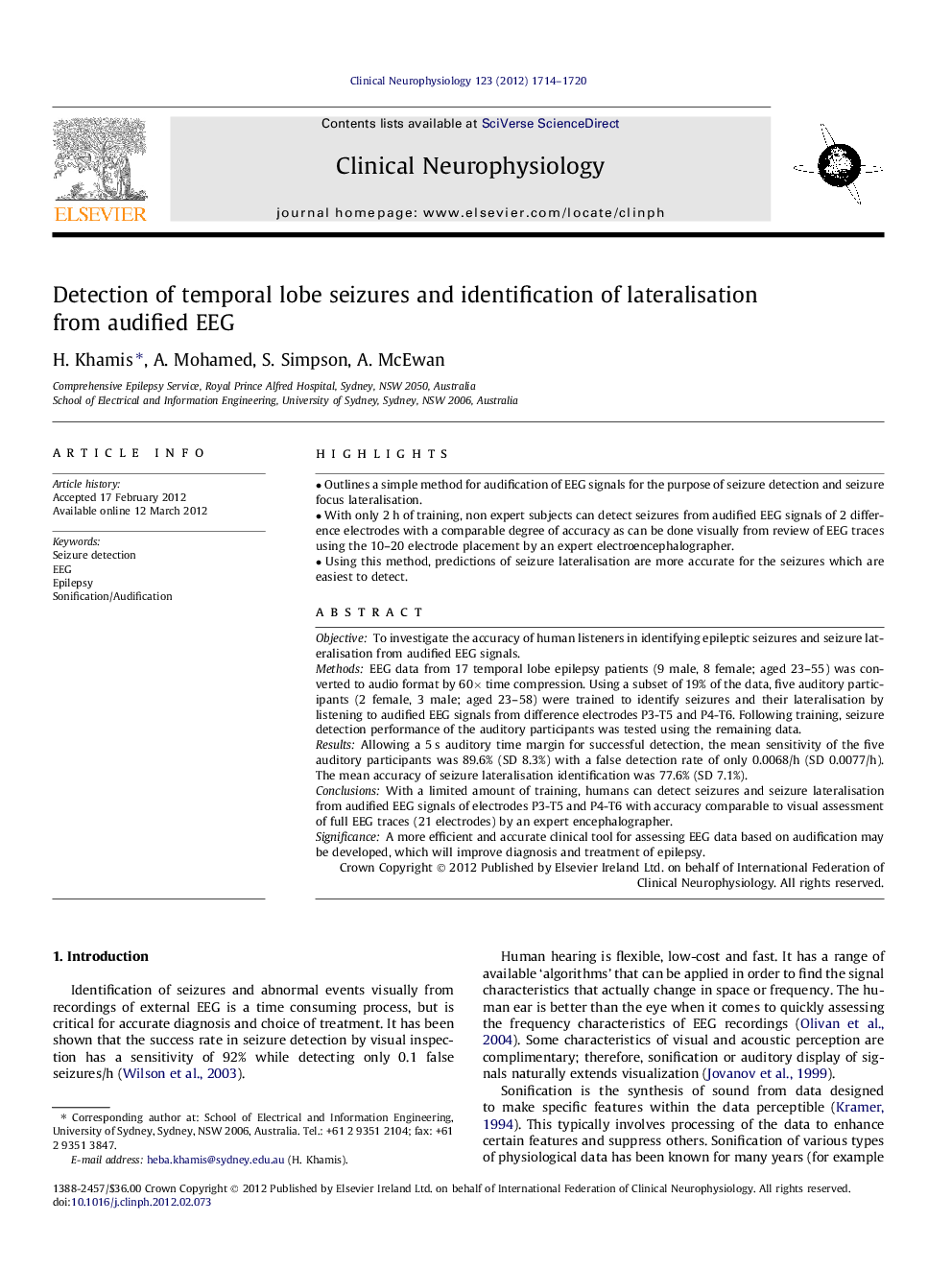 Detection of temporal lobe seizures and identification of lateralisation from audified EEG