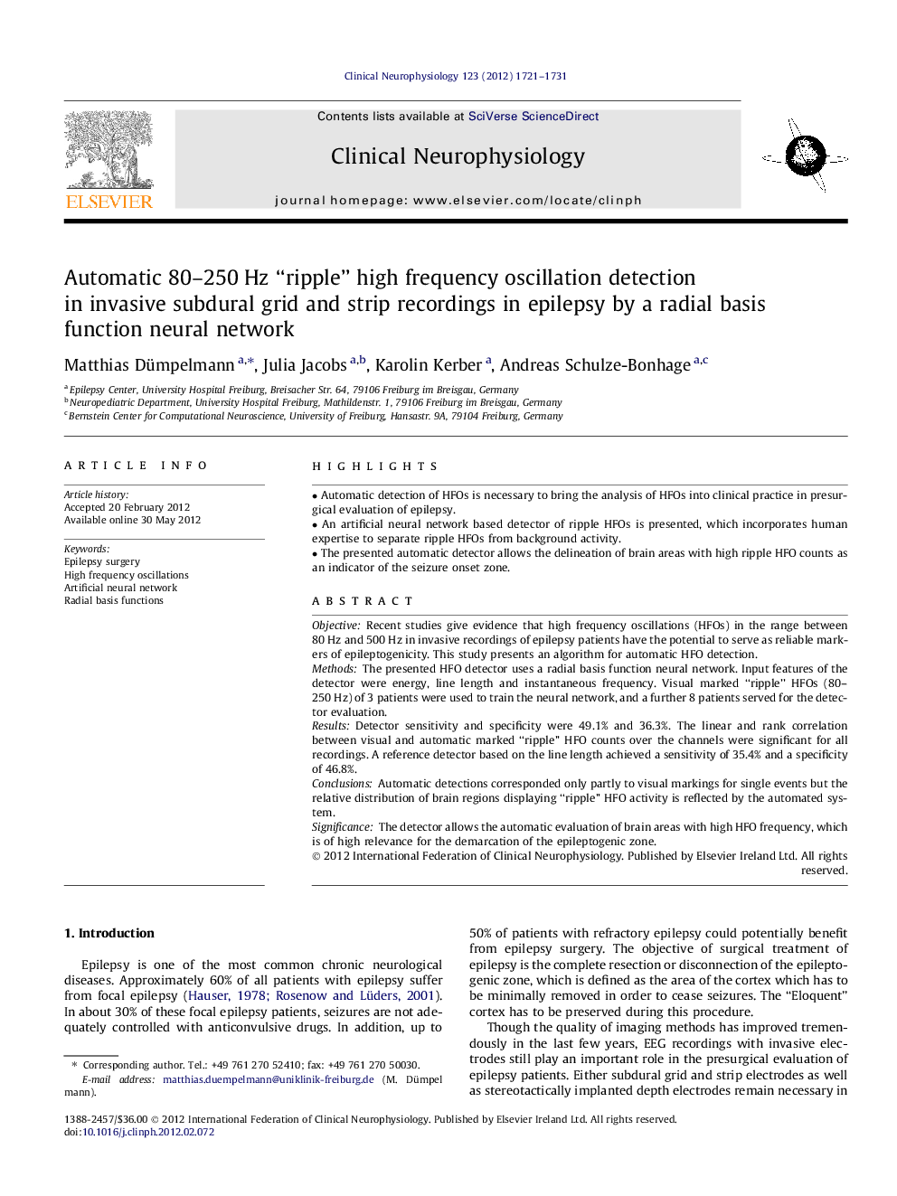 Automatic 80-250Â Hz “ripple” high frequency oscillation detection in invasive subdural grid and strip recordings in epilepsy by a radial basis function neural network