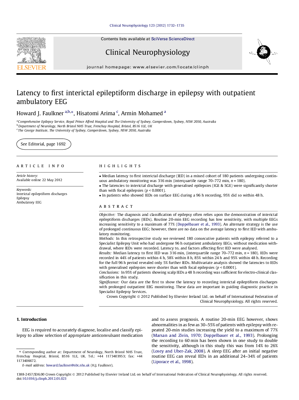 Latency to first interictal epileptiform discharge in epilepsy with outpatient ambulatory EEG