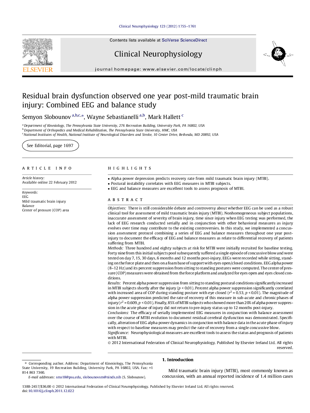 Residual brain dysfunction observed one year post-mild traumatic brain injury: Combined EEG and balance study