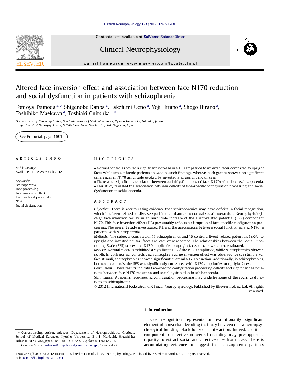 Altered face inversion effect and association between face N170 reduction and social dysfunction in patients with schizophrenia