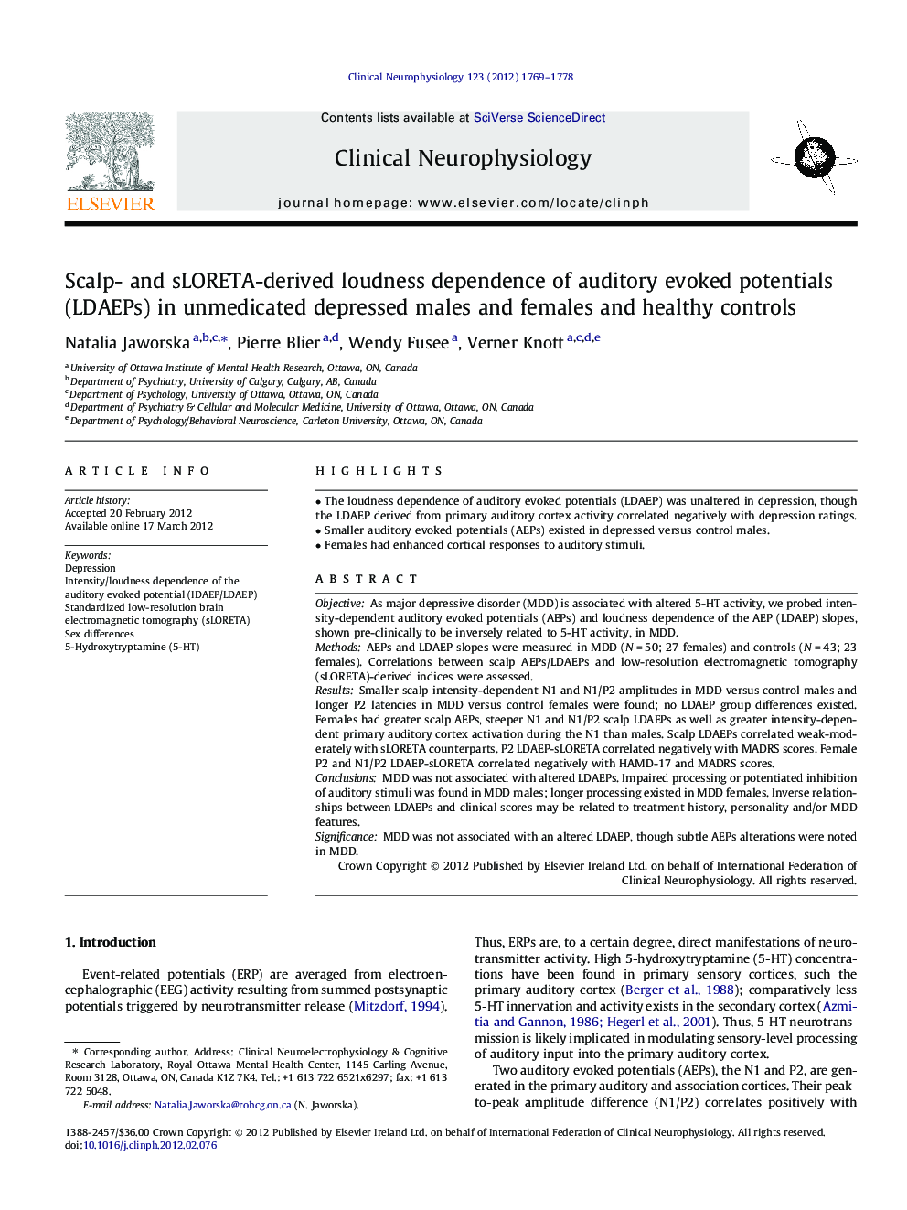 Scalp- and sLORETA-derived loudness dependence of auditory evoked potentials (LDAEPs) in unmedicated depressed males and females and healthy controls