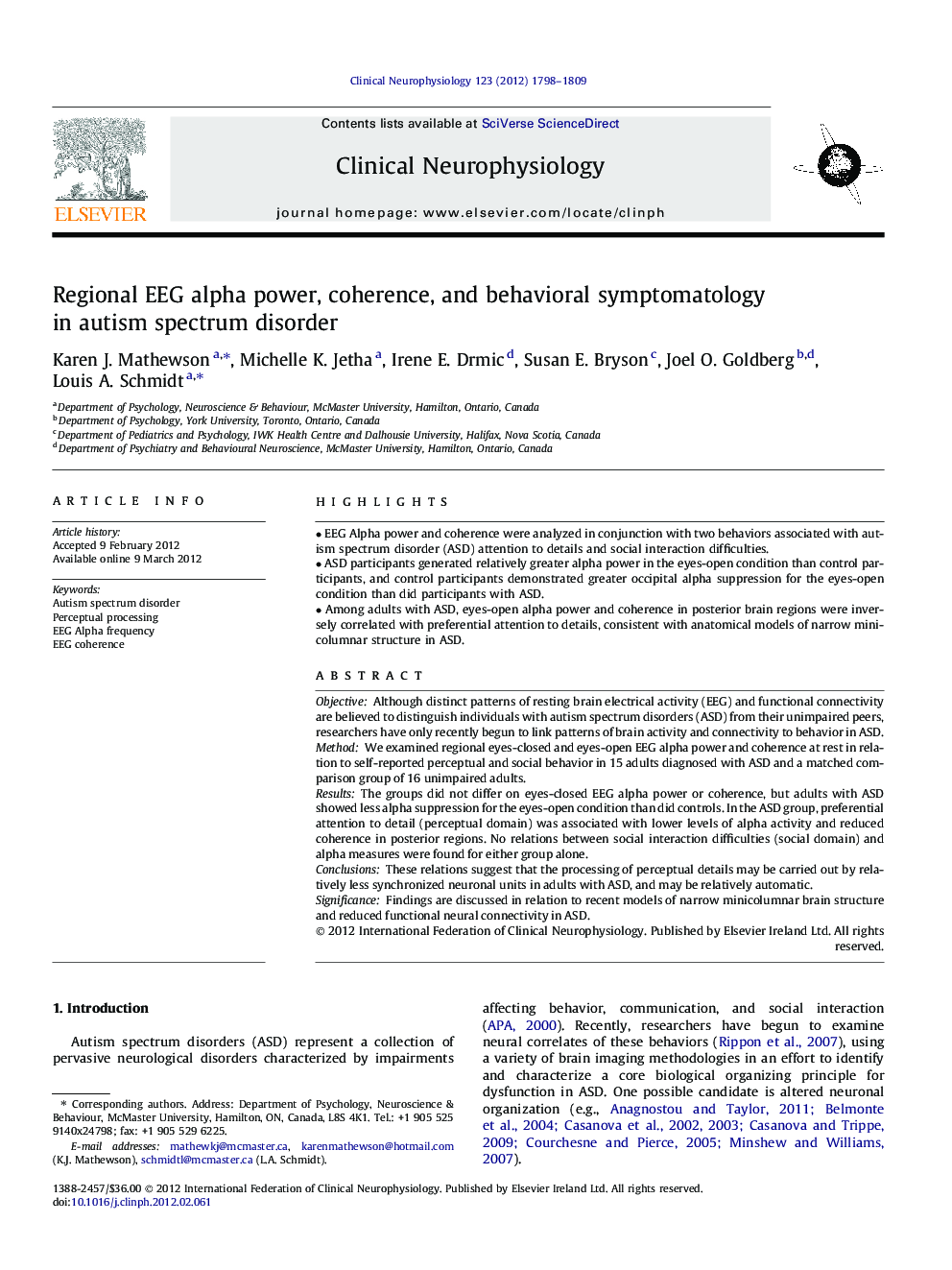 Regional EEG alpha power, coherence, and behavioral symptomatology in autism spectrum disorder