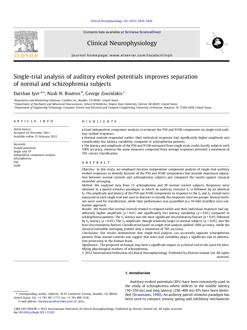 Single-trial analysis of auditory evoked potentials improves separation of normal and schizophrenia subjects