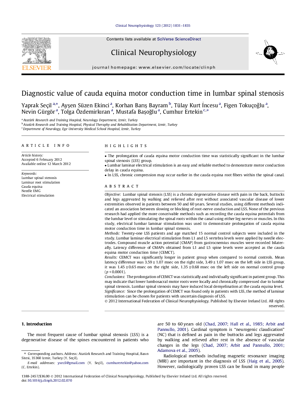 Diagnostic value of cauda equina motor conduction time in lumbar spinal stenosis