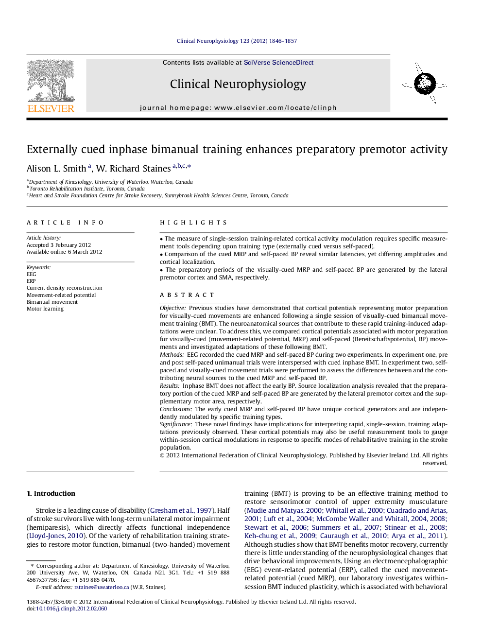 Externally cued inphase bimanual training enhances preparatory premotor activity