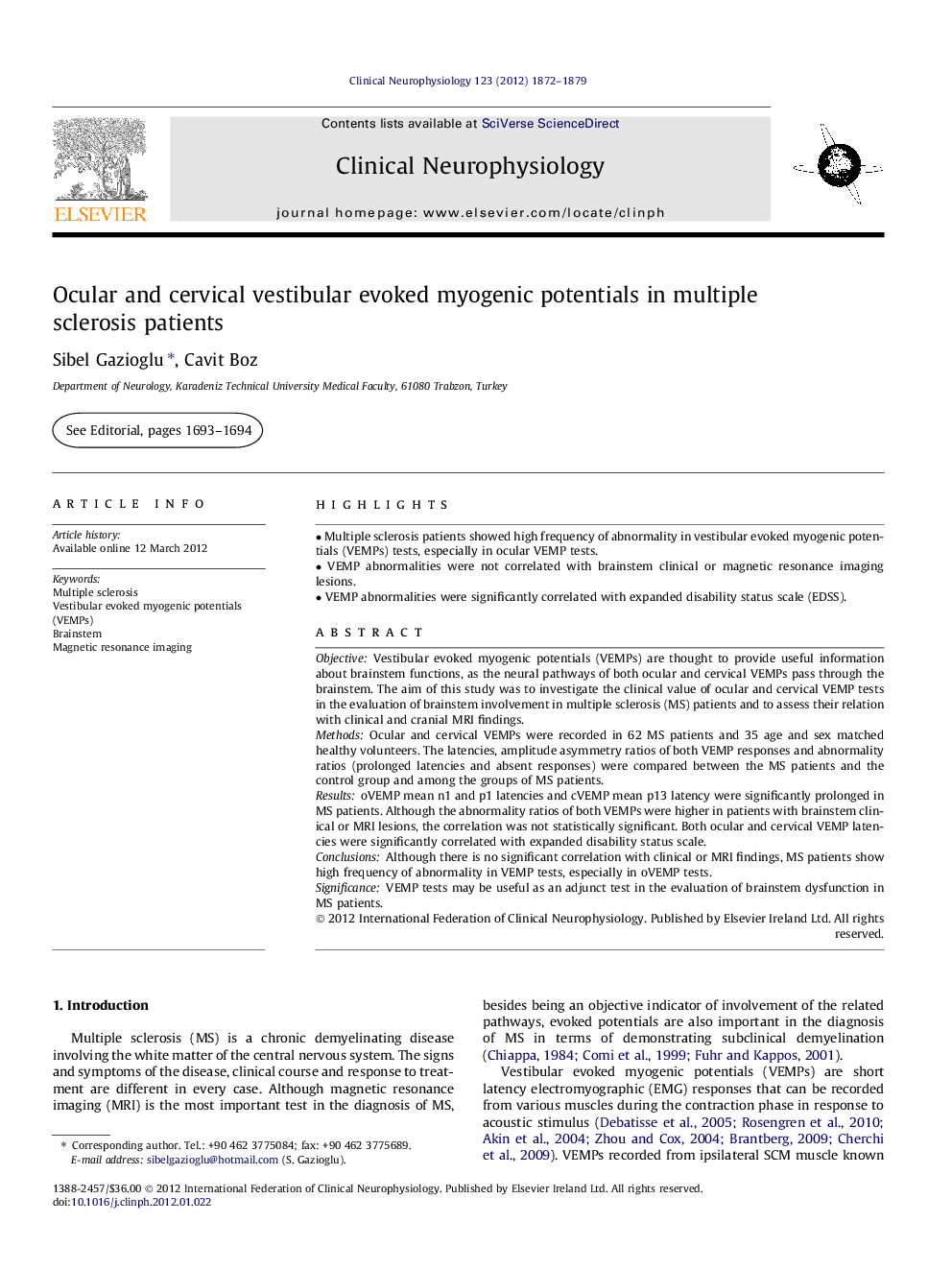 Ocular and cervical vestibular evoked myogenic potentials in multiple sclerosis patients