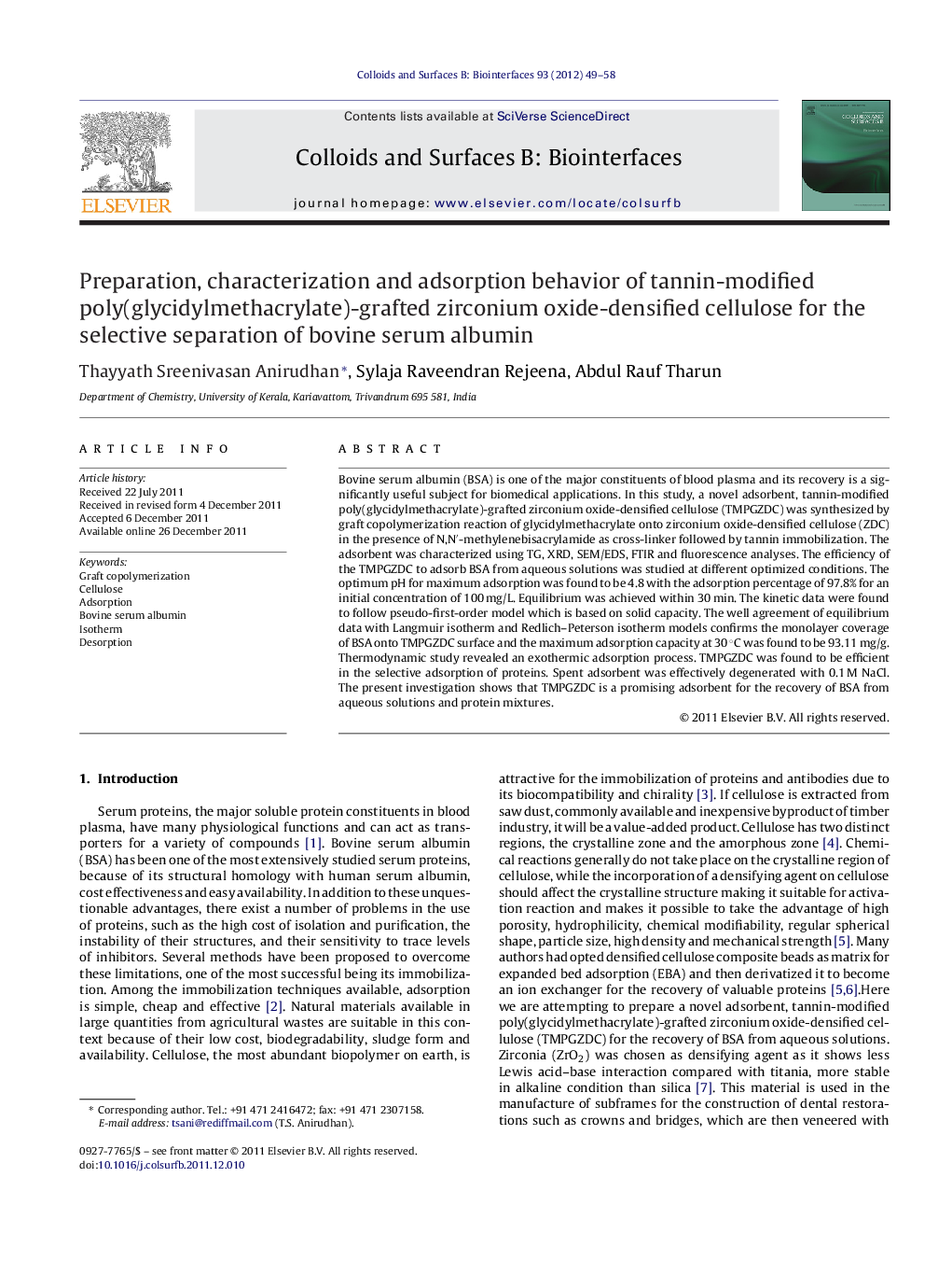 Preparation, characterization and adsorption behavior of tannin-modified poly(glycidylmethacrylate)-grafted zirconium oxide-densified cellulose for the selective separation of bovine serum albumin