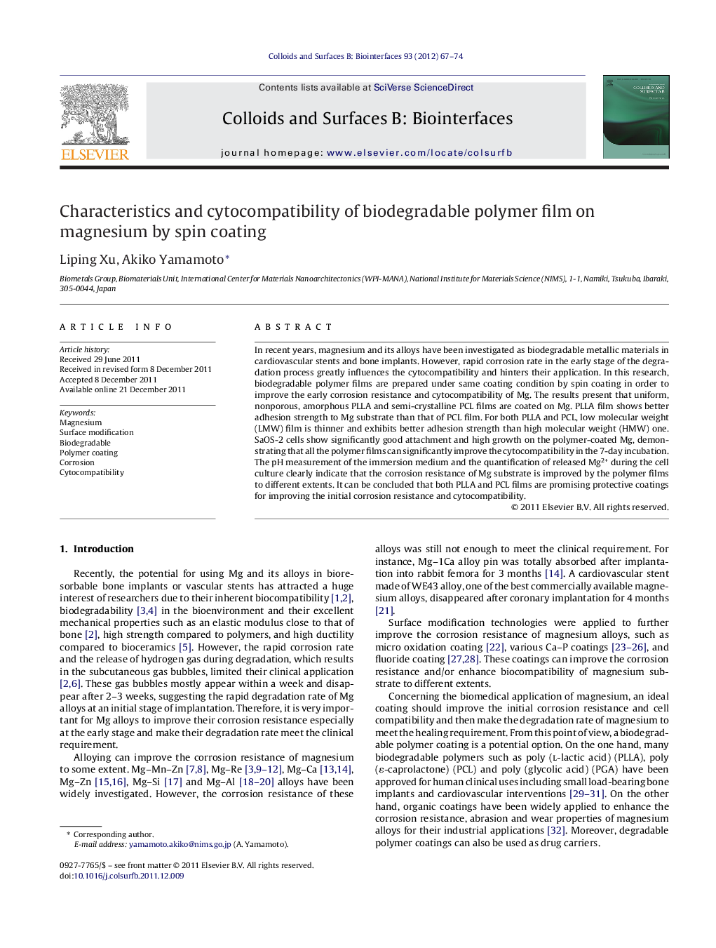 Characteristics and cytocompatibility of biodegradable polymer film on magnesium by spin coating