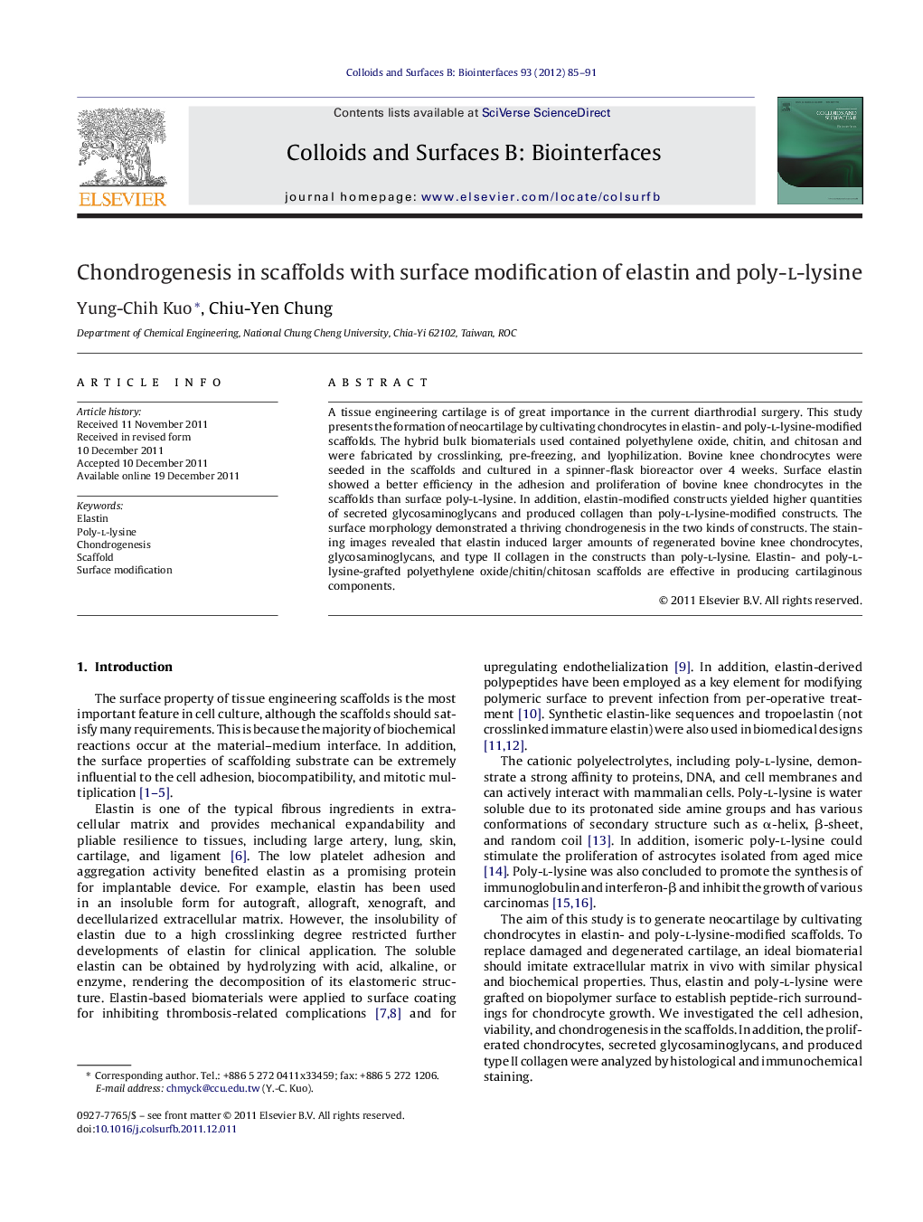 Chondrogenesis in scaffolds with surface modification of elastin and poly-l-lysine