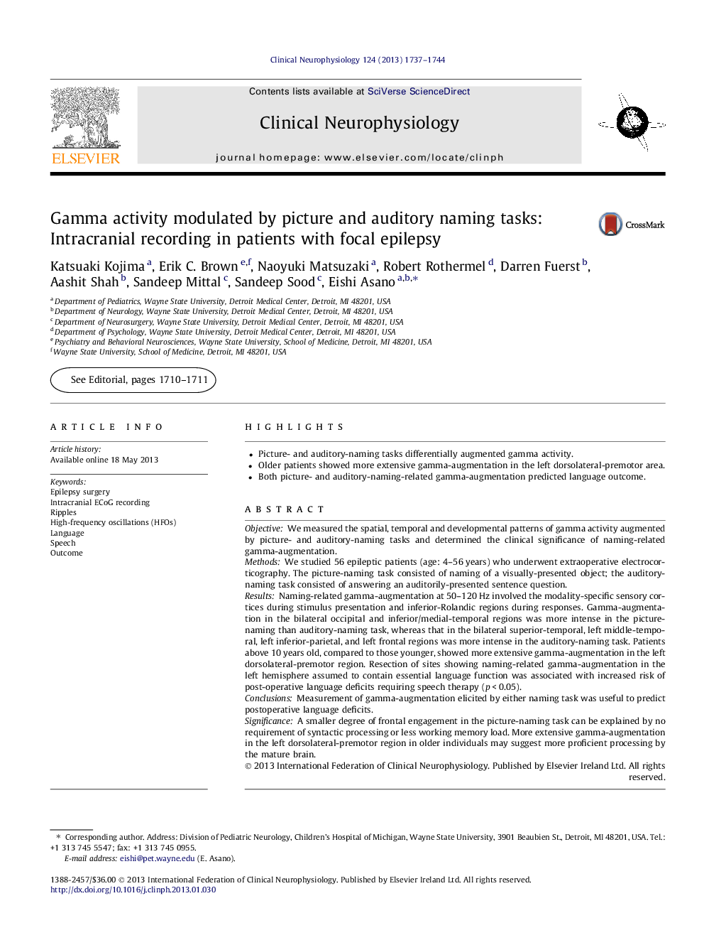 Gamma activity modulated by picture and auditory naming tasks: Intracranial recording in patients with focal epilepsy