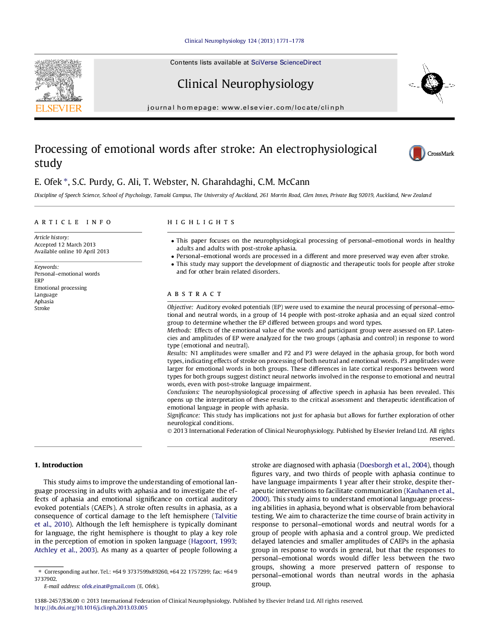 Processing of emotional words after stroke: An electrophysiological study