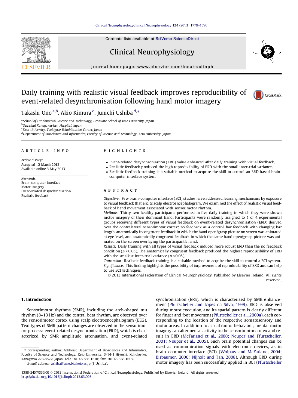 Daily training with realistic visual feedback improves reproducibility of event-related desynchronisation following hand motor imagery