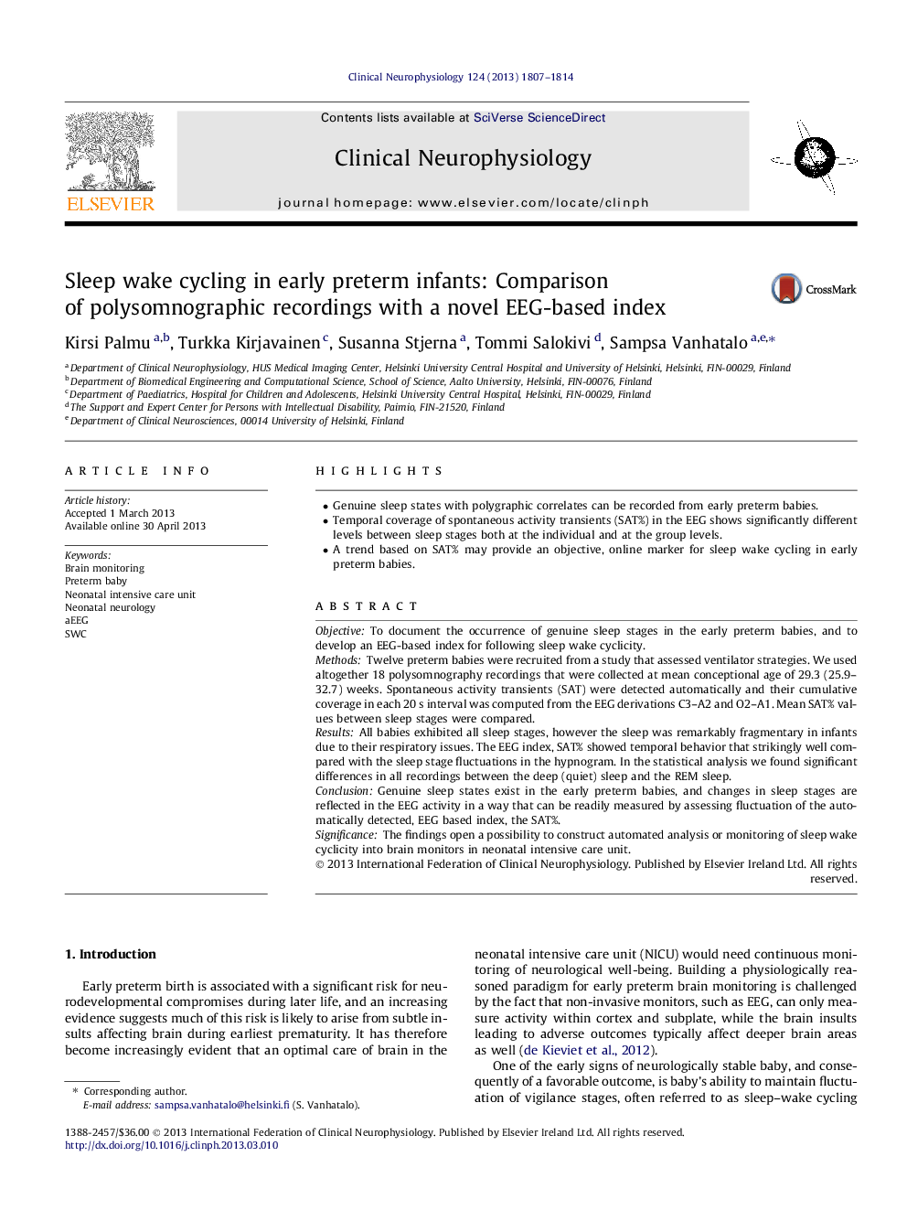 Sleep wake cycling in early preterm infants: Comparison of polysomnographic recordings with a novel EEG-based index