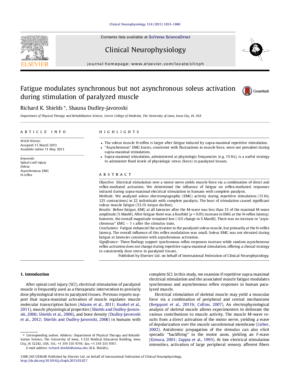 Fatigue modulates synchronous but not asynchronous soleus activation during stimulation of paralyzed muscle