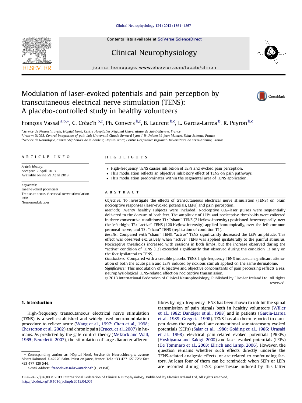 Modulation of laser-evoked potentials and pain perception by transcutaneous electrical nerve stimulation (TENS): A placebo-controlled study in healthy volunteers