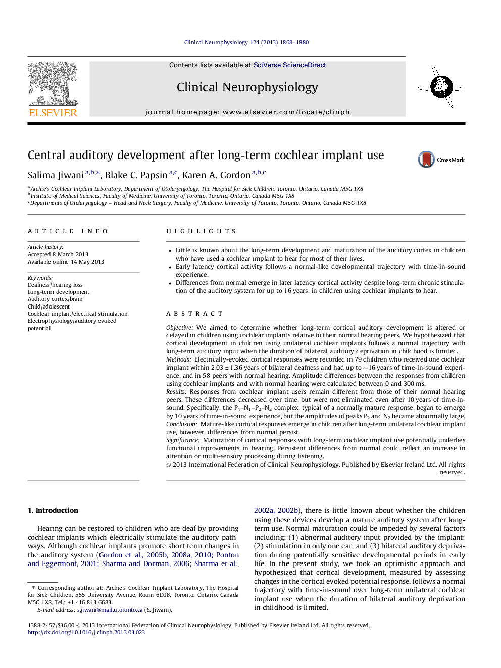 Central auditory development after long-term cochlear implant use