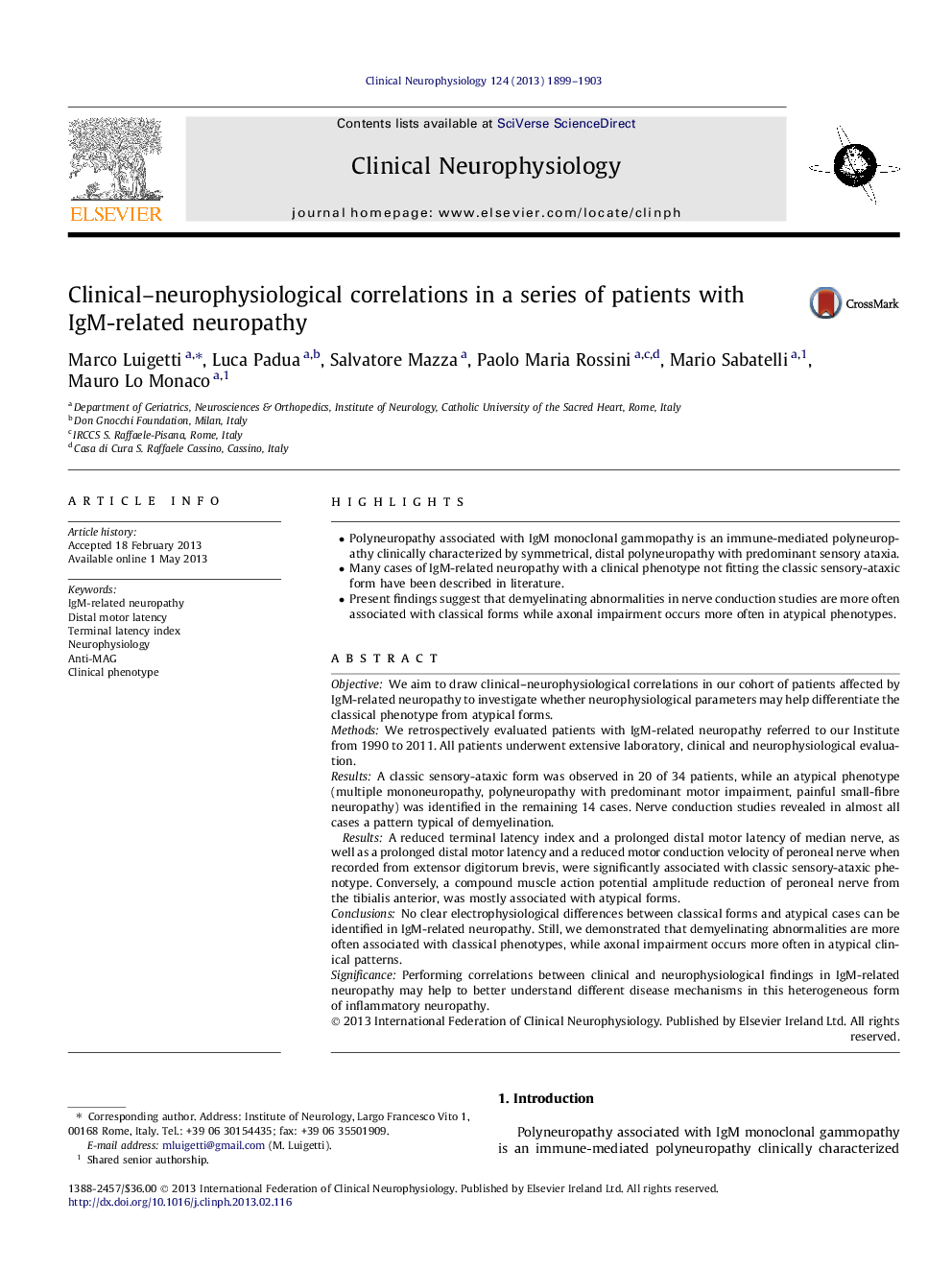 Clinical-neurophysiological correlations in a series of patients with IgM-related neuropathy