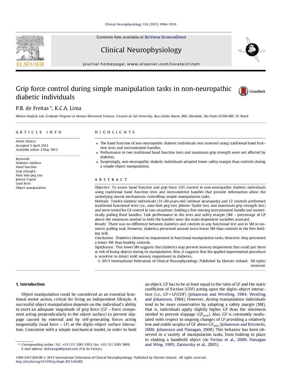 Grip force control during simple manipulation tasks in non-neuropathic diabetic individuals