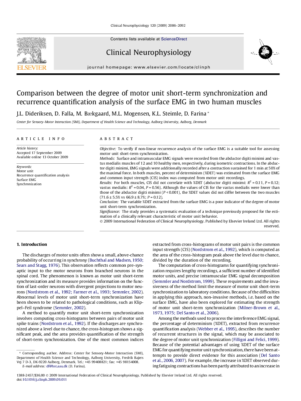 Comparison between the degree of motor unit short-term synchronization and recurrence quantification analysis of the surface EMG in two human muscles