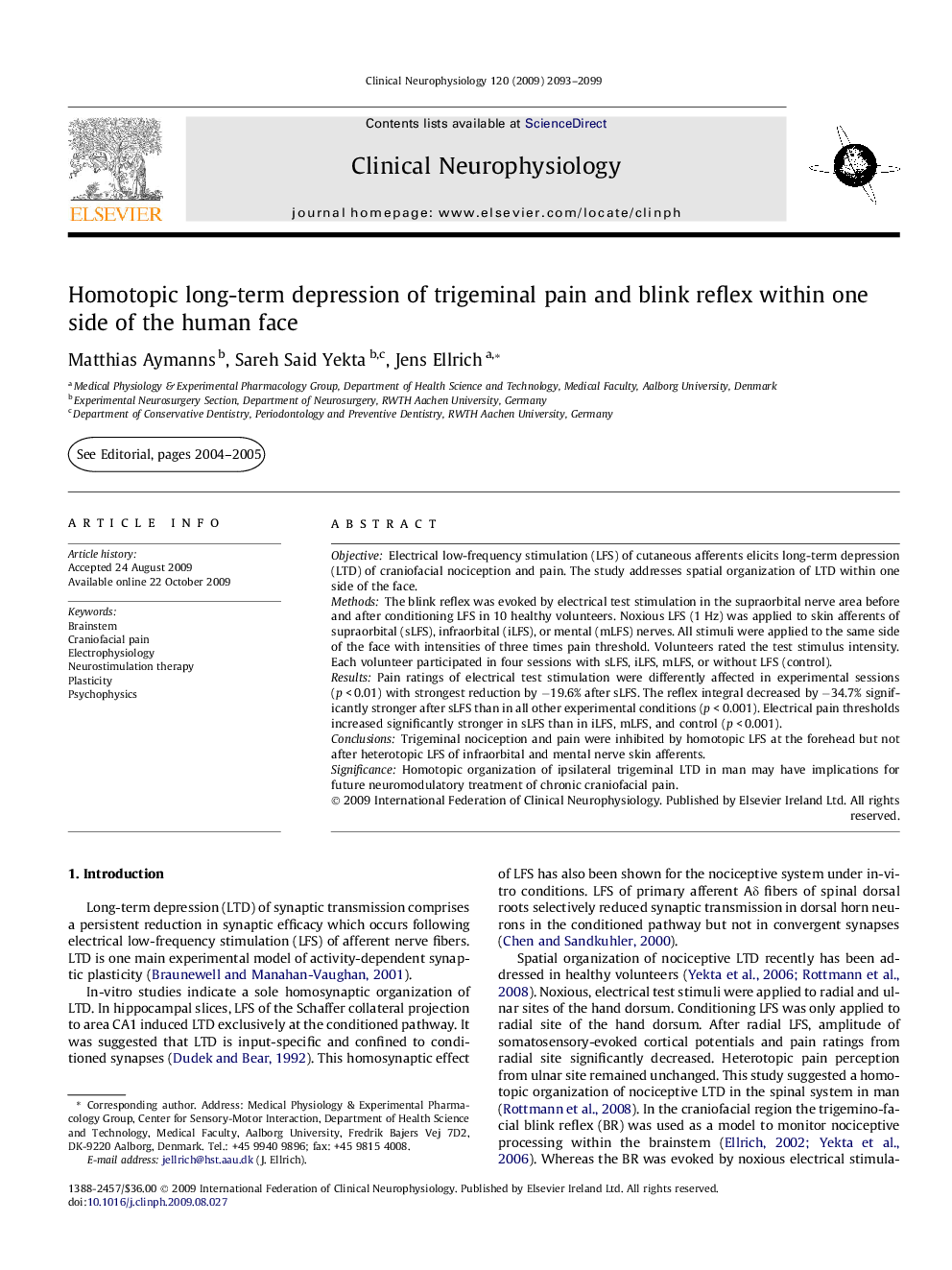 Homotopic long-term depression of trigeminal pain and blink reflex within one side of the human face