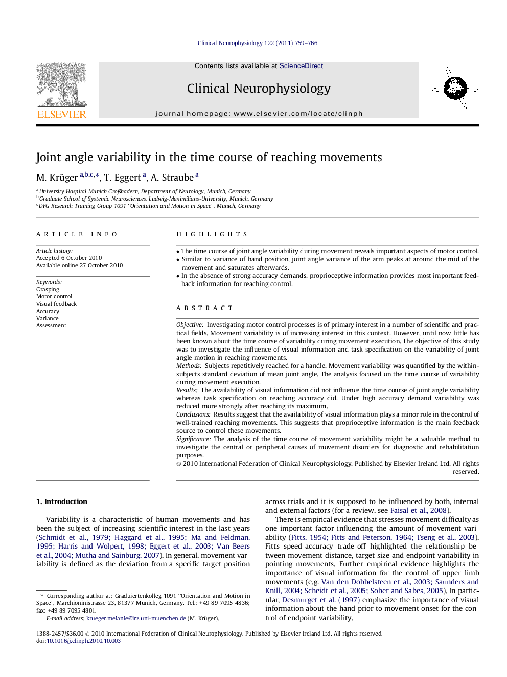 Joint angle variability in the time course of reaching movements