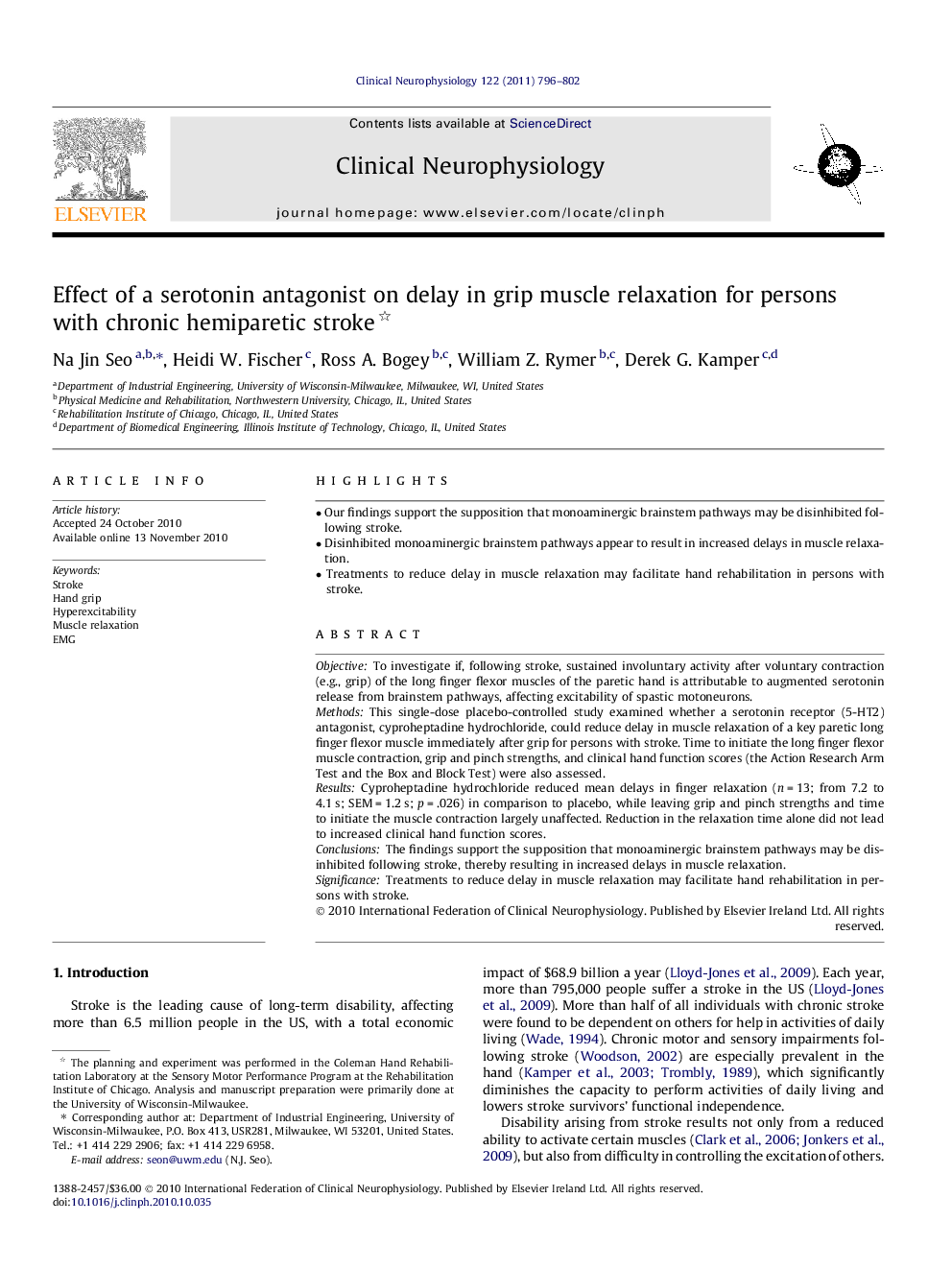 Effect of a serotonin antagonist on delay in grip muscle relaxation for persons with chronic hemiparetic stroke