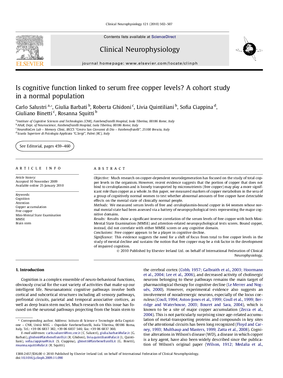 Is cognitive function linked to serum free copper levels? A cohort study in a normal population