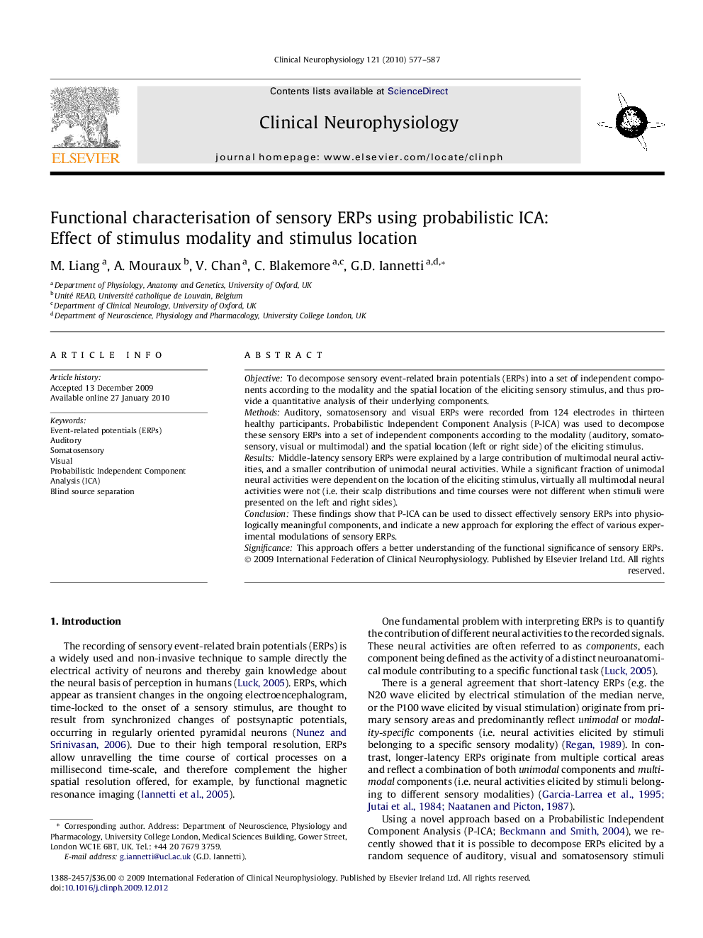 Functional characterisation of sensory ERPs using probabilistic ICA: Effect of stimulus modality and stimulus location