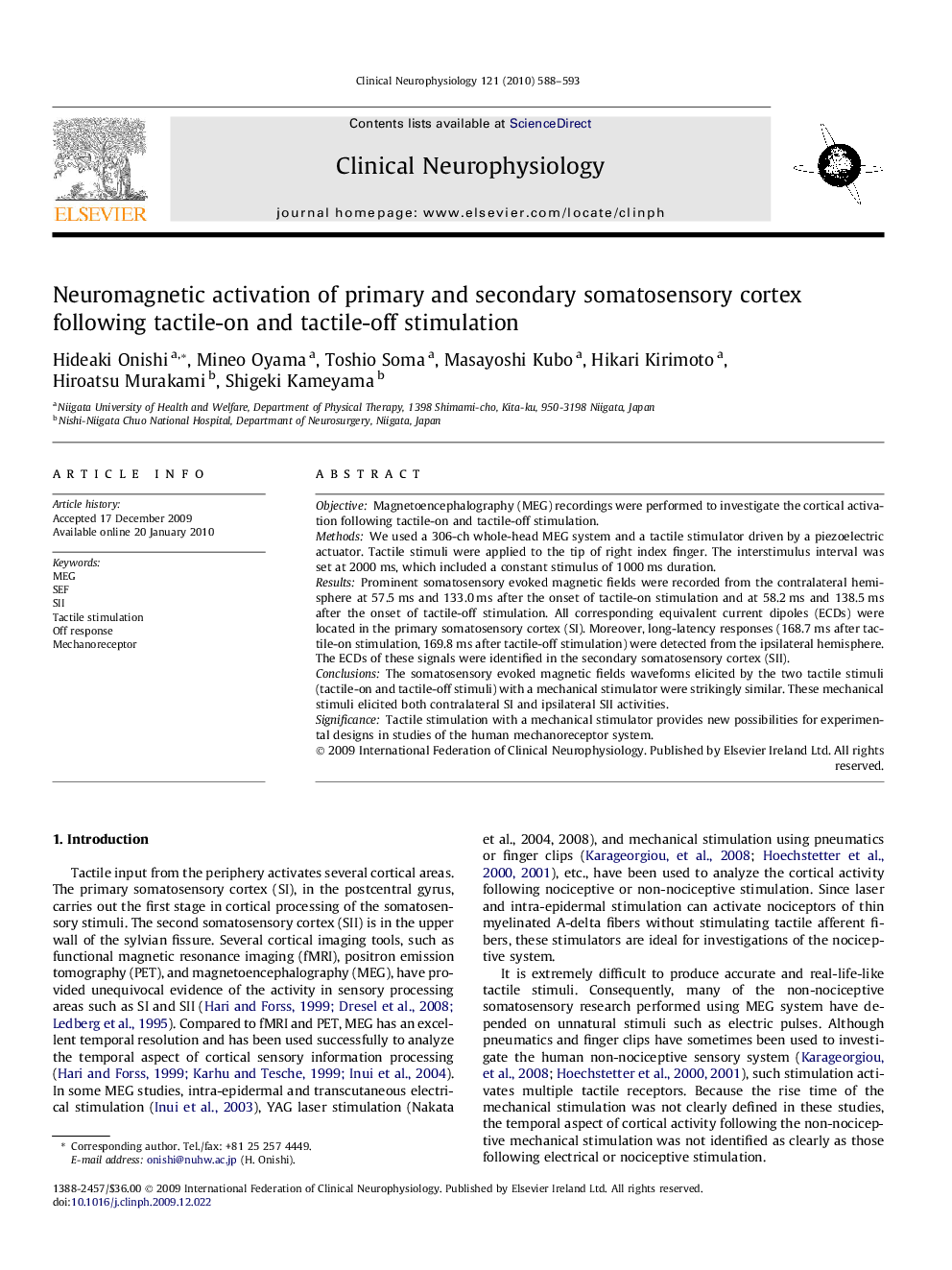 Neuromagnetic activation of primary and secondary somatosensory cortex following tactile-on and tactile-off stimulation