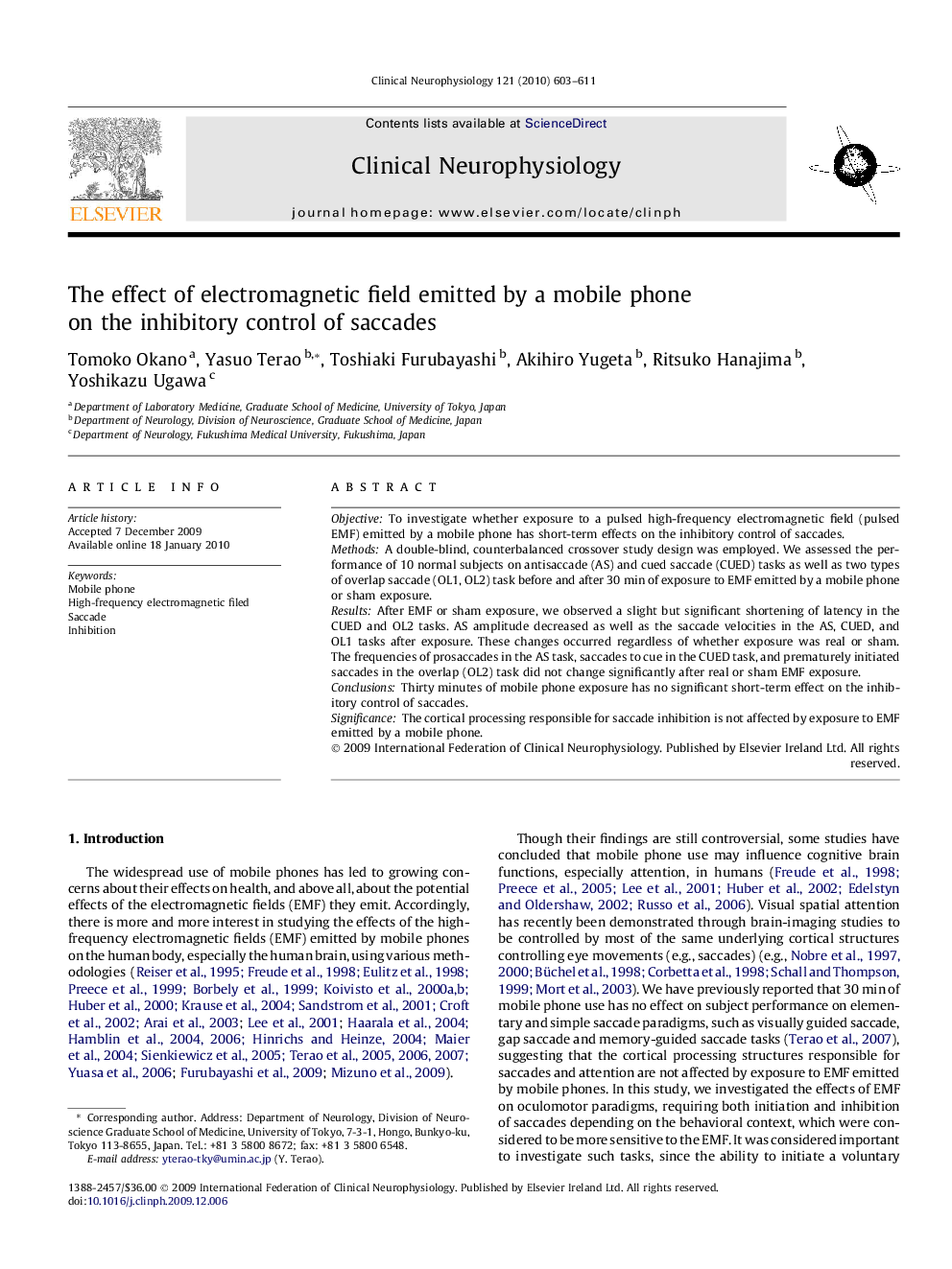 The effect of electromagnetic field emitted by a mobile phone on the inhibitory control of saccades