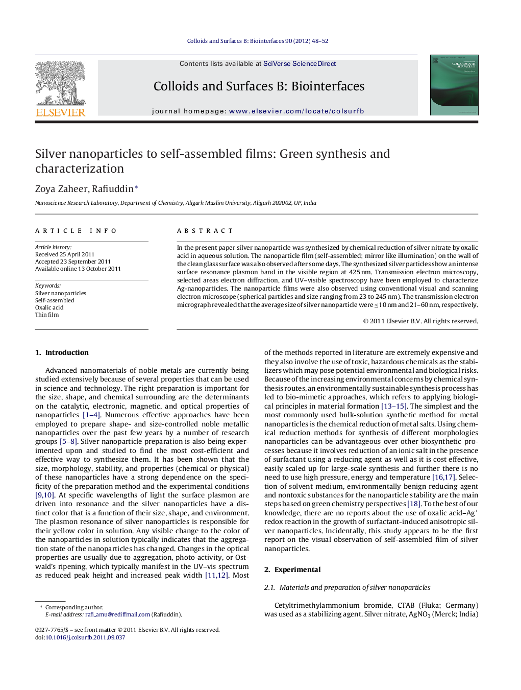 عکس صفحه اول مقاله: Silver nanoparticles to self-assembled films: Green synthesis and characterization Silver nanoparticles to self-assembled films: Green synthesis and characterization