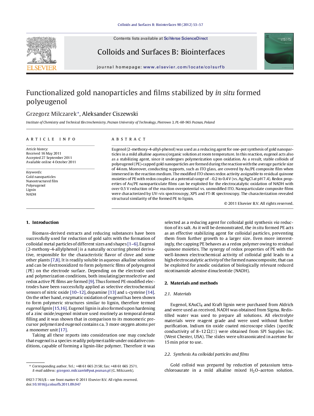 عکس صفحه اول مقاله: Functionalized gold nanoparticles and films stabilized by in situ formed polyeugenol Functionalized gold nanoparticles and films stabilized by in situ formed polyeugenol