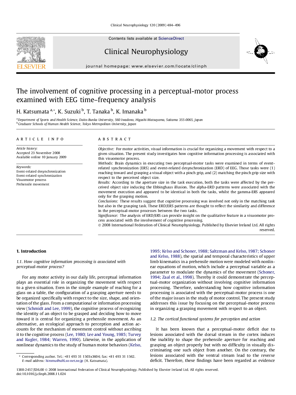 The involvement of cognitive processing in a perceptual-motor process examined with EEG time-frequency analysis