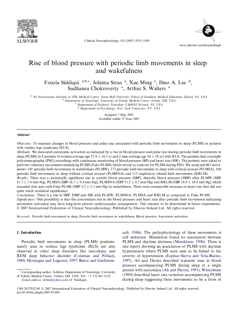 Rise of blood pressure with periodic limb movements in sleep and wakefulness