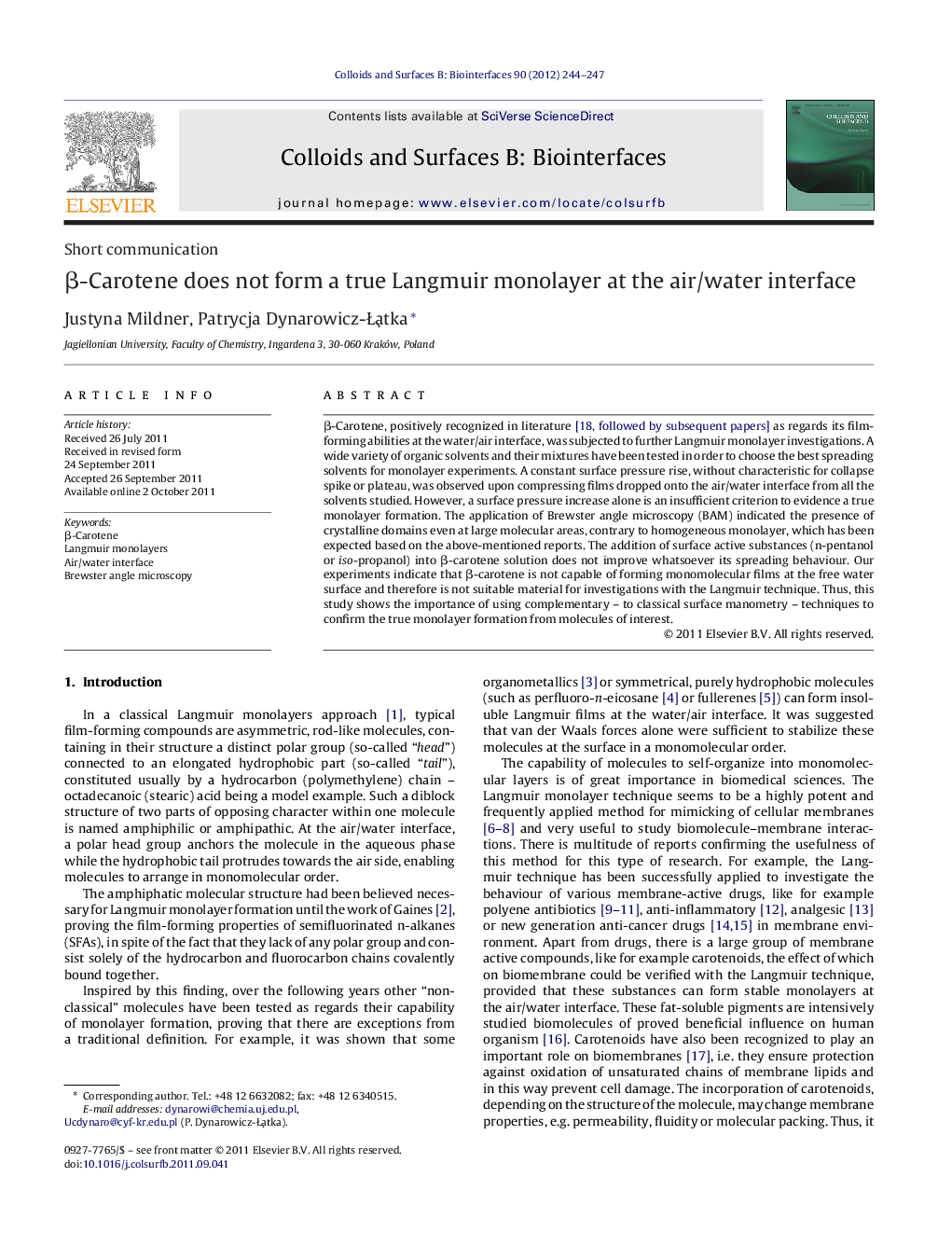 β-Carotene does not form a true Langmuir monolayer at the air/water interface