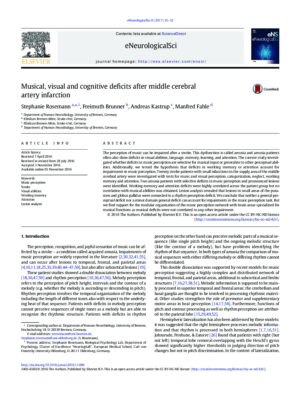 Musical, visual and cognitive deficits after middle cerebral artery infarction