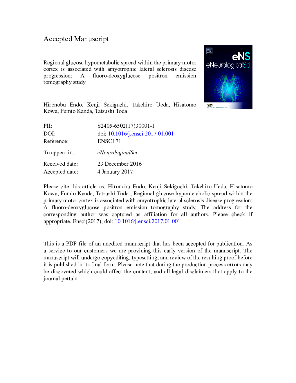 Regional glucose hypometabolic spread within the primary motor cortex is associated with amyotrophic lateral sclerosis disease progression: A fluoro-deoxyglucose positron emission tomography study