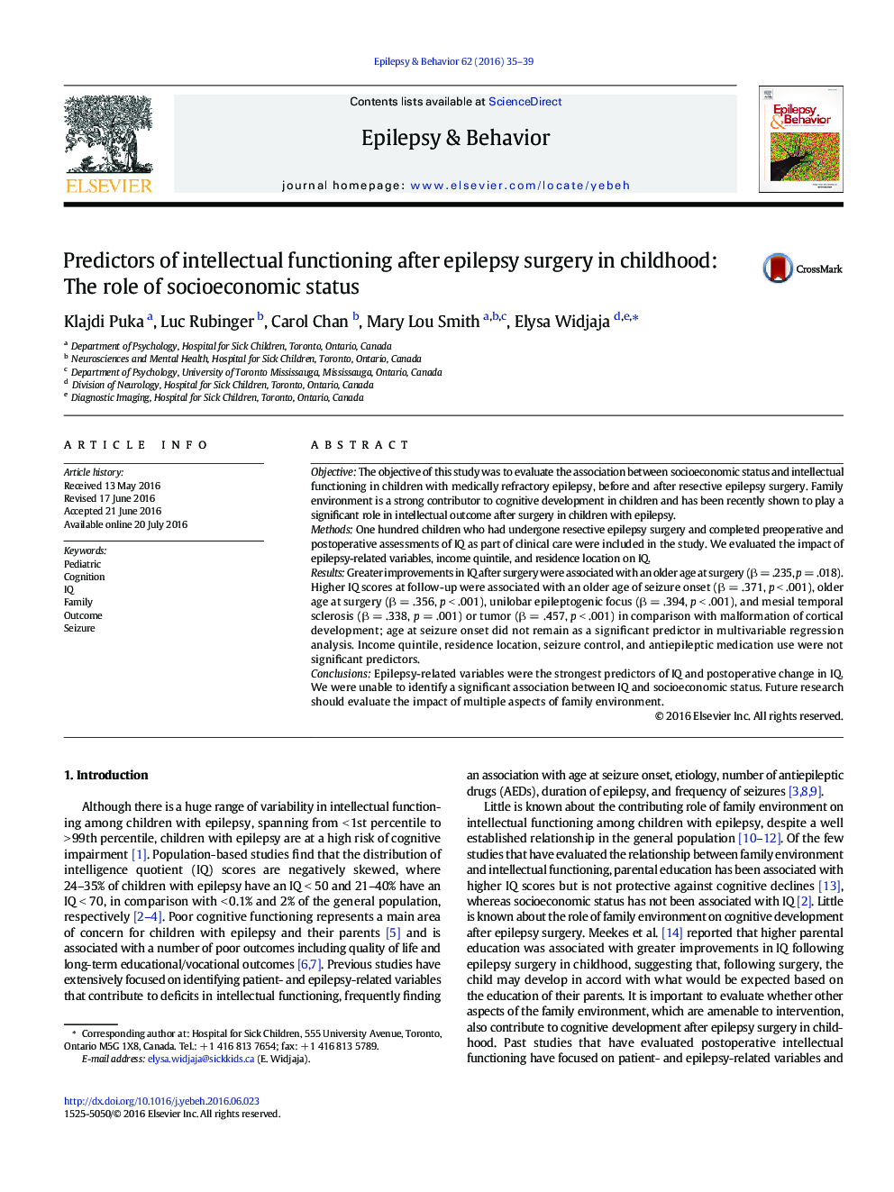 Predictors of intellectual functioning after epilepsy surgery in childhood: The role of socioeconomic status