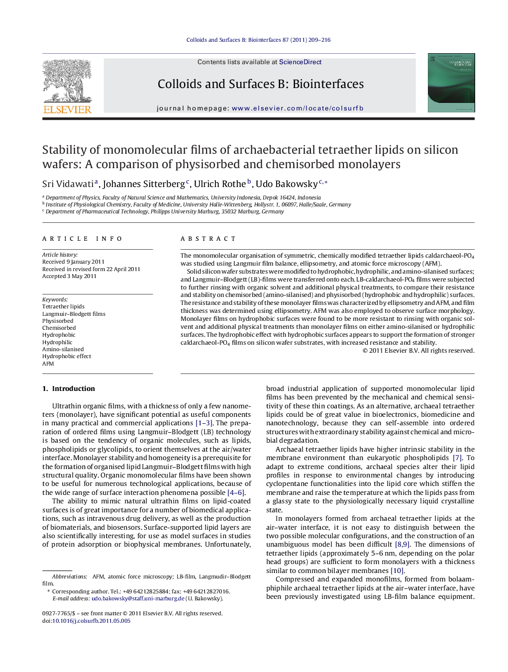 Stability of monomolecular films of archaebacterial tetraether lipids on silicon wafers: A comparison of physisorbed and chemisorbed monolayers