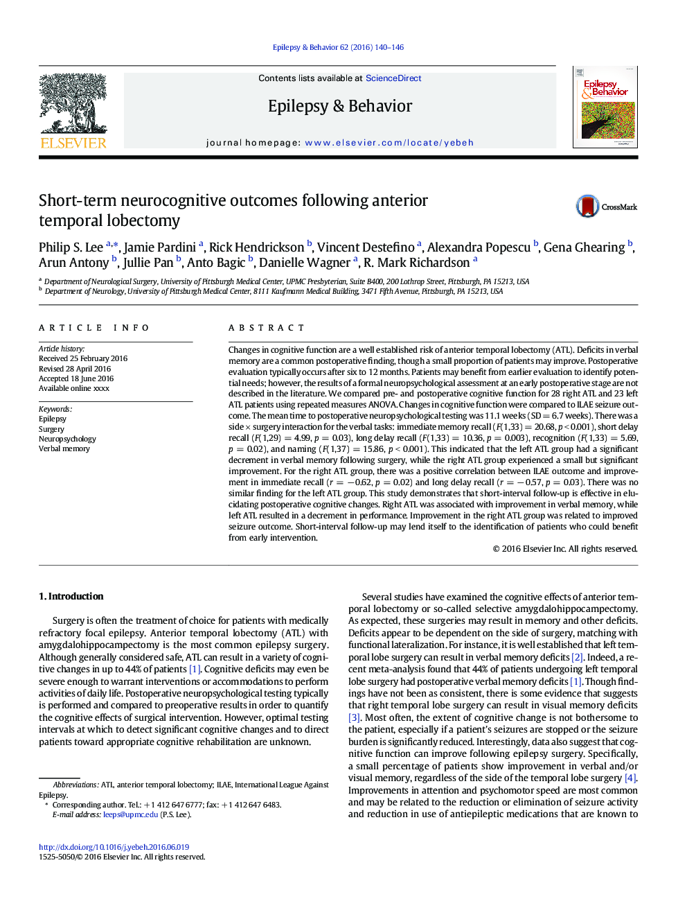 Short-term neurocognitive outcomes following anterior temporal lobectomy